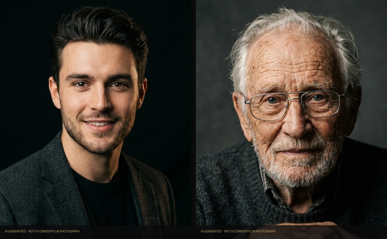 Two AI-generated headshots shown as examples, both labelled as AI-generated and not ConneryFilm photographs
